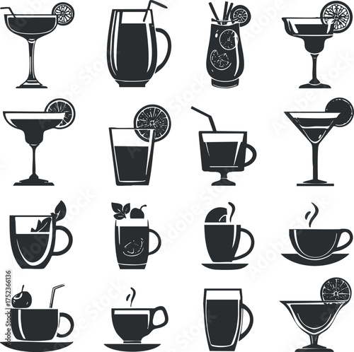 A collection of black and white drink and beverage icons, including cocktails, tea, and coffee.