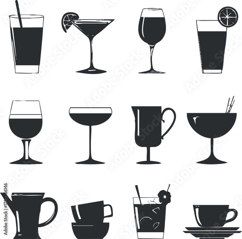 Collection of drink silhouettes including cocktails, wine, coffee, and tea glasses in black and white.
