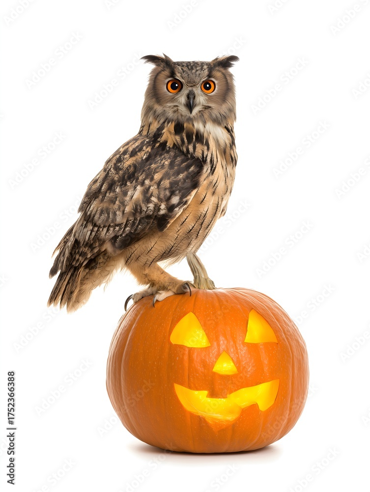 Naklejka premium Owl perched on a carved pumpkin in a festive Halloween