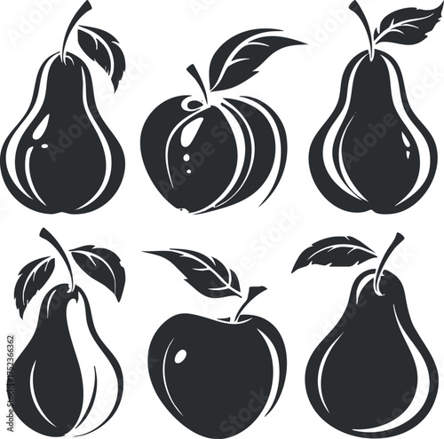 Silhouette illustration of pears and apples with leaves in a minimalist black and white style.