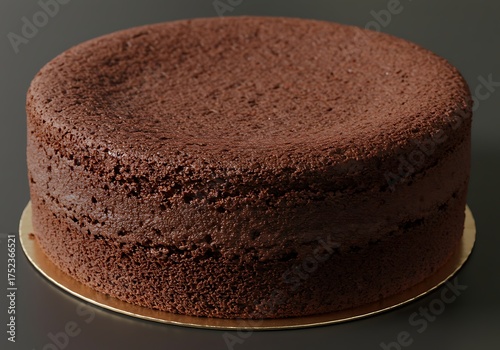 A close-up, studio shot of a rich, dark chocolate cake with a slightly sunken top.