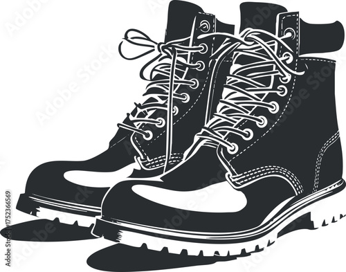 Illustration of a pair of black leather lace-up boots with rugged soles in silhouette style.