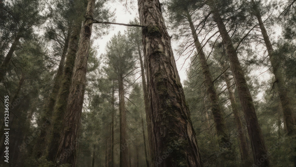 Naklejka premium Towering pine trees reach towards the sky in a dense, misty forest under a clouded sky