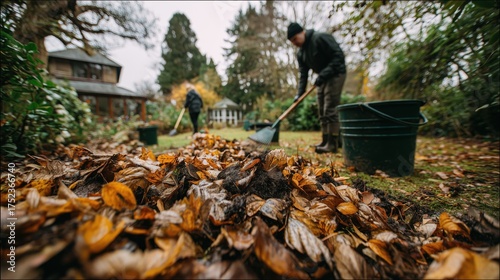 Large pile of wet autumn leaves with people raking in the blurred background