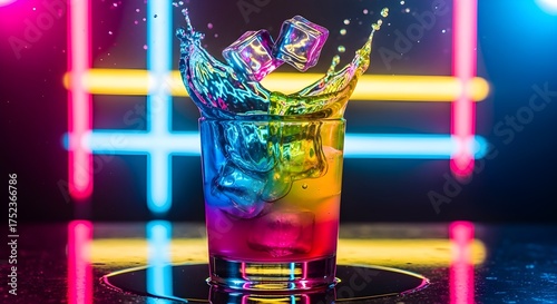 Colorful Neon Cocktail Splashing Drink in Glass with Ice and Bokeh Lights