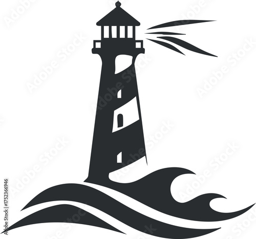 Silhouette of a lighthouse with waves, symbolizing nautical guidance and safety at sea.
