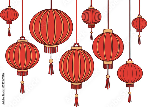 Collection of traditional red chinese lanterns with tassels hanging against a white background
