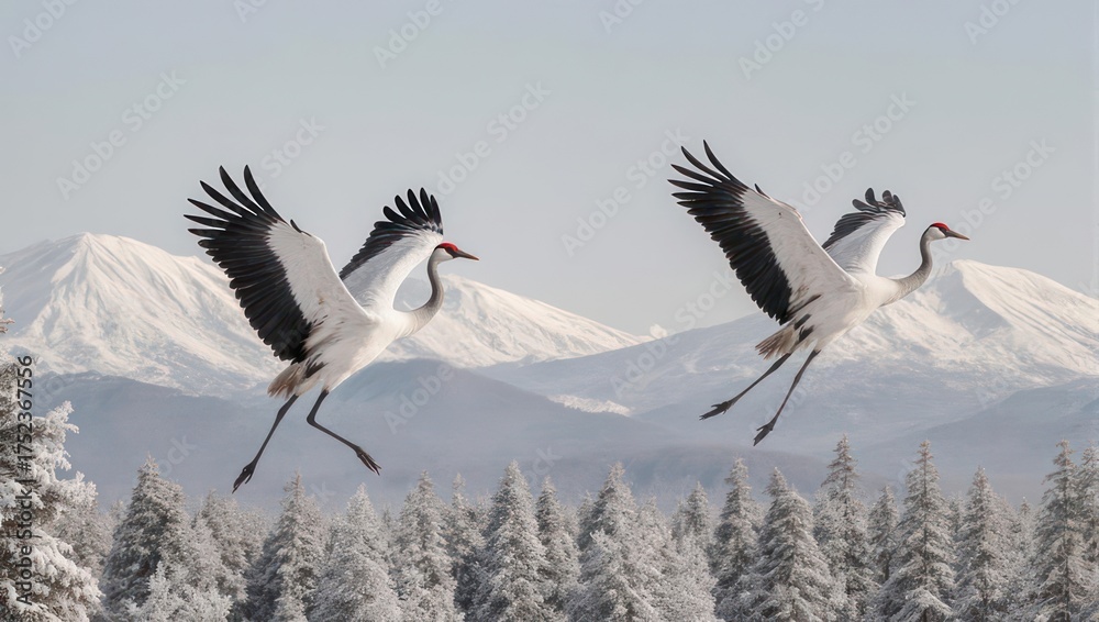 Fototapeta premium Two cranes soar gracefully over snow-covered evergreen forest against a backdrop of snowy mountains