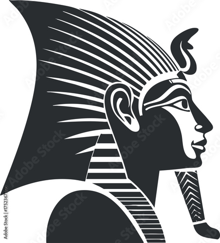Black and white silhouette of an ancient Egyptian pharaoh with traditional headdress in profile.