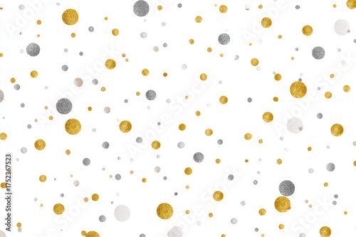 Cristmas seamless background with glitter gold and silver dots. Minimalistic happy Xmas pattern with round abstract gold, silver elements on white background. Happy New Year minimal seamless pattern
