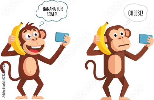 Funny cartoon monkeys taking selfies with banana phones, cute comic animal characters, humorous banana selfie illustration for fun design