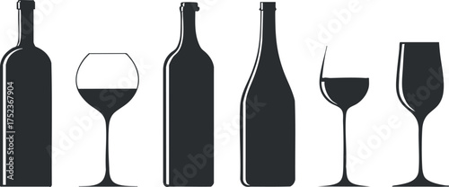 Silhouette illustration of various wine bottles and glasses on a white background.