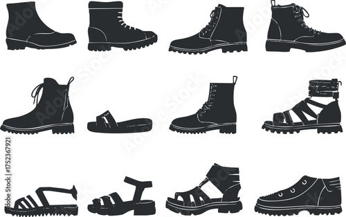 Silhouette illustration of various footwear styles including boots and sandals in vector format.