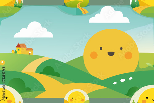 Cheerful Cartoon Landscape with Smiling Sun and Houses Keywords: cartoon, landscape, sun, smiling, happy, cheerful, nature, hills, green, yellow
