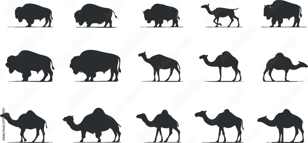Obraz premium Silhouettes of bison and camels in various poses on a white background.