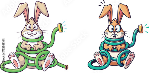 Cute cartoon rabbits tangled in garden hose, funny animal illustration, spring gardening humor, adorable bunny characters, water hose mishap