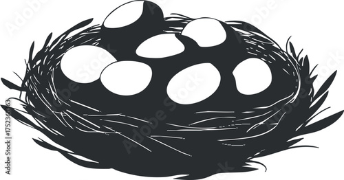 Monochrome illustration of a nest with eggs, representing avian life and reproduction.