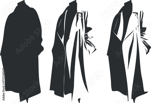 Minimalist black and white silhouettes of stylish coats showcasing modern fashion design concepts.