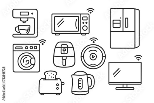 Smart Appliance Icons. Smart appliances doodle icon set: hand drawn icons of coffee maker, microwave, fridge, washing machine, air