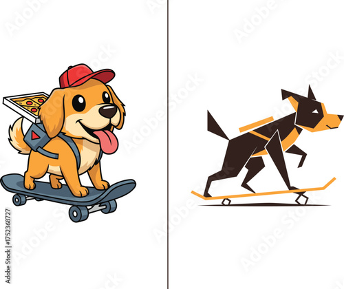Cute and geometric dogs delivering pizza on skateboards, adorable cartoon and minimalist delivery dog illustration design