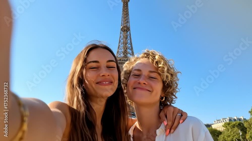 Two Women Embracing and Looking at Each Other in Front of Eiffel Tower, Paris