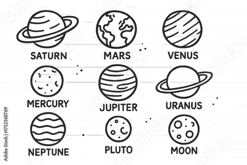 Planet Doodle Icons. Planet doodle icon set: hand drawn icons of Saturn, Mars, Earth, Venus, Mercury, Jupiter, Uranus, Neptune,
