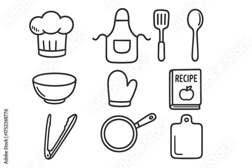Cooking Doodle Icons. Cooking doodle icon set: hand drawn icons of chef hat, apron, spatula, spoon, bowl, oven mitt, frying pan,