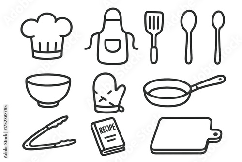 Cooking Doodle Icons. Cooking doodle icon set: hand drawn icons of chef hat, apron, spatula, spoon, bowl, oven mitt, frying pan,