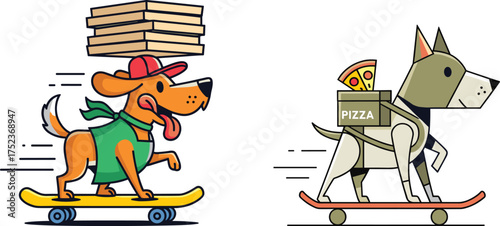 Funny cartoon dogs delivering pizza on skateboards, cute animal food delivery characters with boxes and slices illustration