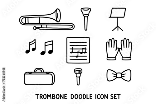 Trombone Icon Doodle Set. Trombone doodle icon set: hand drawn icons of trombone, mouthpiece, stand, stool, notes, sheet music,