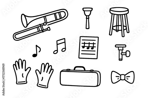 Trombone Icon Doodle Set. Trombone doodle icon set: hand drawn icons of trombone, mouthpiece, stand, stool, notes, sheet music,