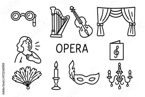 Opera Doodle Icons. Opera doodle icon set: hand drawn icons of opera glasses, harp, violin, curtain, singer, program, feather fan,