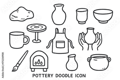 Pottery Icon Set. Pottery doodle icon set: hand drawn icons of clay, wheel, vase, bowl, mug, apron, hands, brush, kiln, and pot.