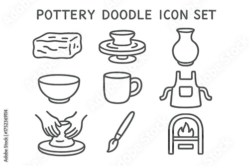 Pottery Icon Set. Pottery doodle icon set: hand drawn icons of clay, wheel, vase, bowl, mug, apron, hands, brush, kiln, and pot.