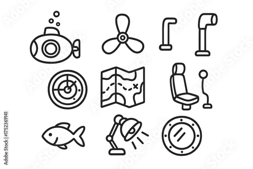 Submarine Pod Icons. Submarine pod doodle icon set: hand drawn icons of underwater pod, propeller, periscope, radar, map, seat,