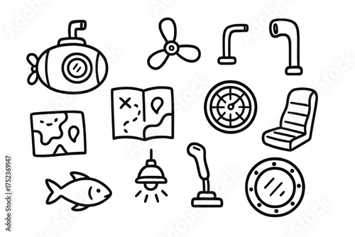 Submarine Pod Icons. Submarine pod doodle icon set: hand drawn icons of underwater pod, propeller, periscope, radar, map, seat,