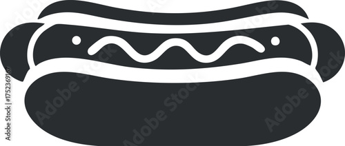 Minimalist black and white hotdog silhouette icon with sausage and bun illustration.