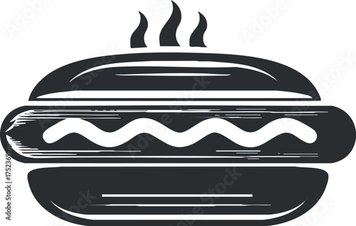 Simple black and white hotdog icon illustration, featuring a stylized silhouette with steam lines.