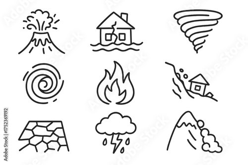 Natural Disaster Icons. Natural disaster doodle icon set: hand drawn icons of volcano, earthquake, flood, tornado, hurricane, fire