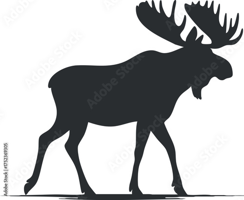 Silhouette of a moose with large antlers walking, showcasing its distinctive shape and features.