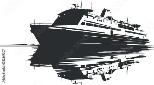 Silhouette of a ferry ship with reflection on water, showcasing nautical and marine themes.