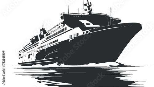 Black and white illustration of a cruise ship sailing on calm ocean waters.