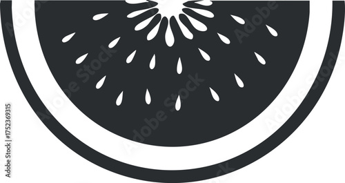Black and white illustration of a kiwi fruit slice with seeds, in a minimalist style.