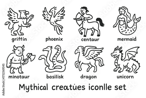 Mythical Creatures Icons. Mythical creatures doodle icon set: hand drawn icons of griffin, phoenix, centaur, mermaid, minotaur,