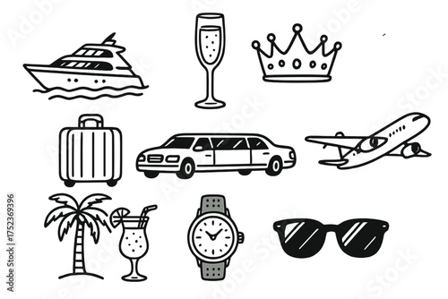 Luxury Travel Icons. Luxury travel doodle icon set: hand drawn icons of yacht, champagne glass, crown, suitcase, limousine,