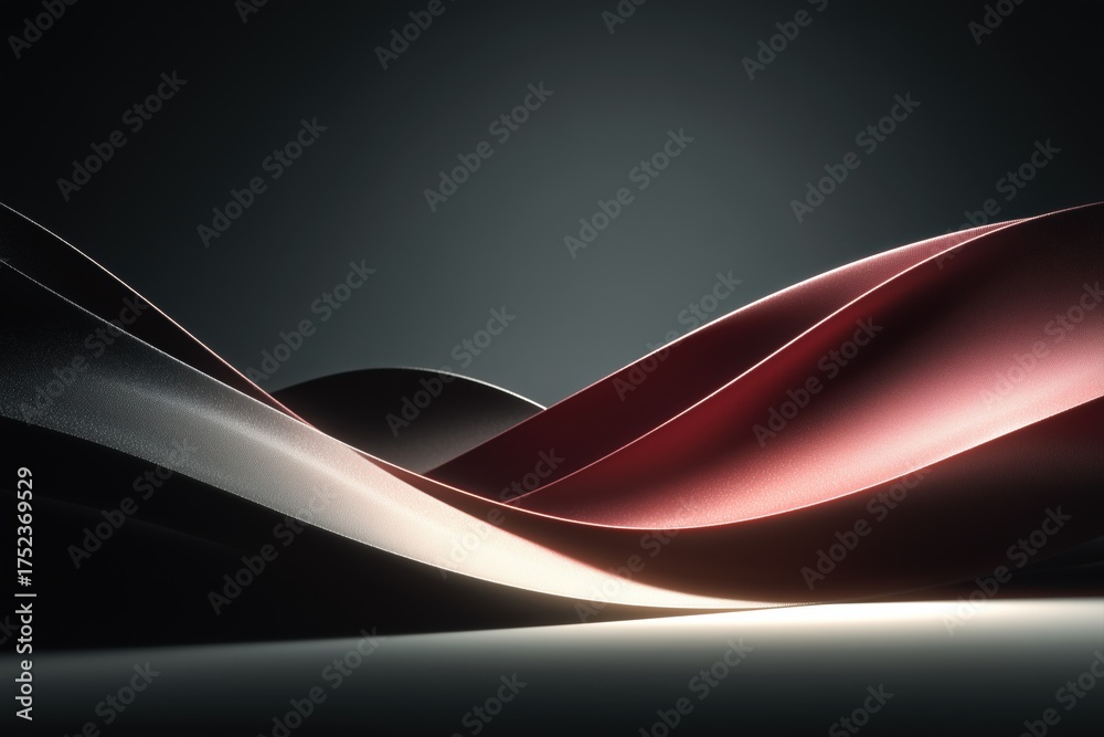 Fototapeta premium Metallic red ribbon flowing on gradient black surface with elegant reflective tone.Metallic red ribbon flowing on gradient black surface with elegant reflective tone.