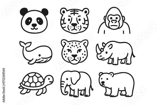 Endangered Animals Icons. Endangered animals doodle icon set: hand drawn icons of panda, tiger, gorilla, whale, snow leopard,