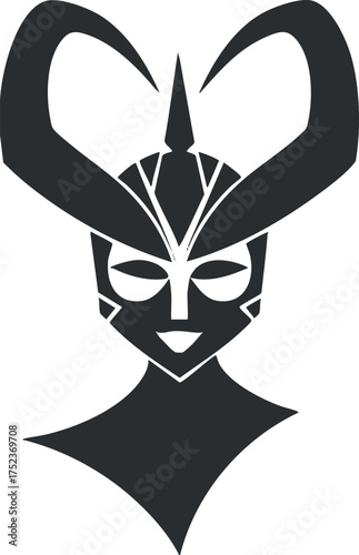 Abstract black and white illustration of a horned masked female figure with geometric design.
