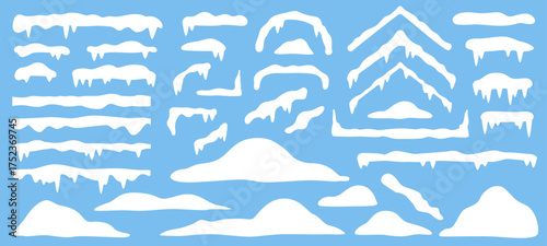 Snow caps and drifts vector set. Frosty cartoon snowdrifts, hanging ice borders, and white winter roof decorations. Christmas banners and festive decor