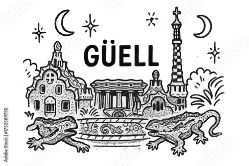 Park Guell Artistry. Hand-drawn park guell with moons, lizards, and sparkles, center word “Guell” in black and white isolated